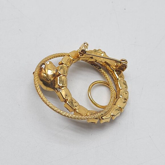 Vintage Gold Tone Brooch Pin With Faux Amber Rhinestones Rose Flower Design - Picture 3 of 4